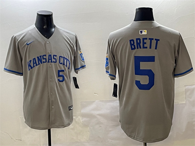 Men's Kansas City Royals #5 George Brett Grey 2024 Away Limited Stitched Baseball Jersey Men's Kansas City Royals #5 George Brett Grey 2024 Away Limited Stitched Baseball Jersey